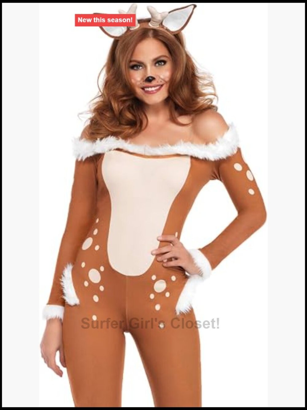 Leg Avenue 3PC Darling Deer Costume Off Shoulder Catsuit Fur Trim XS